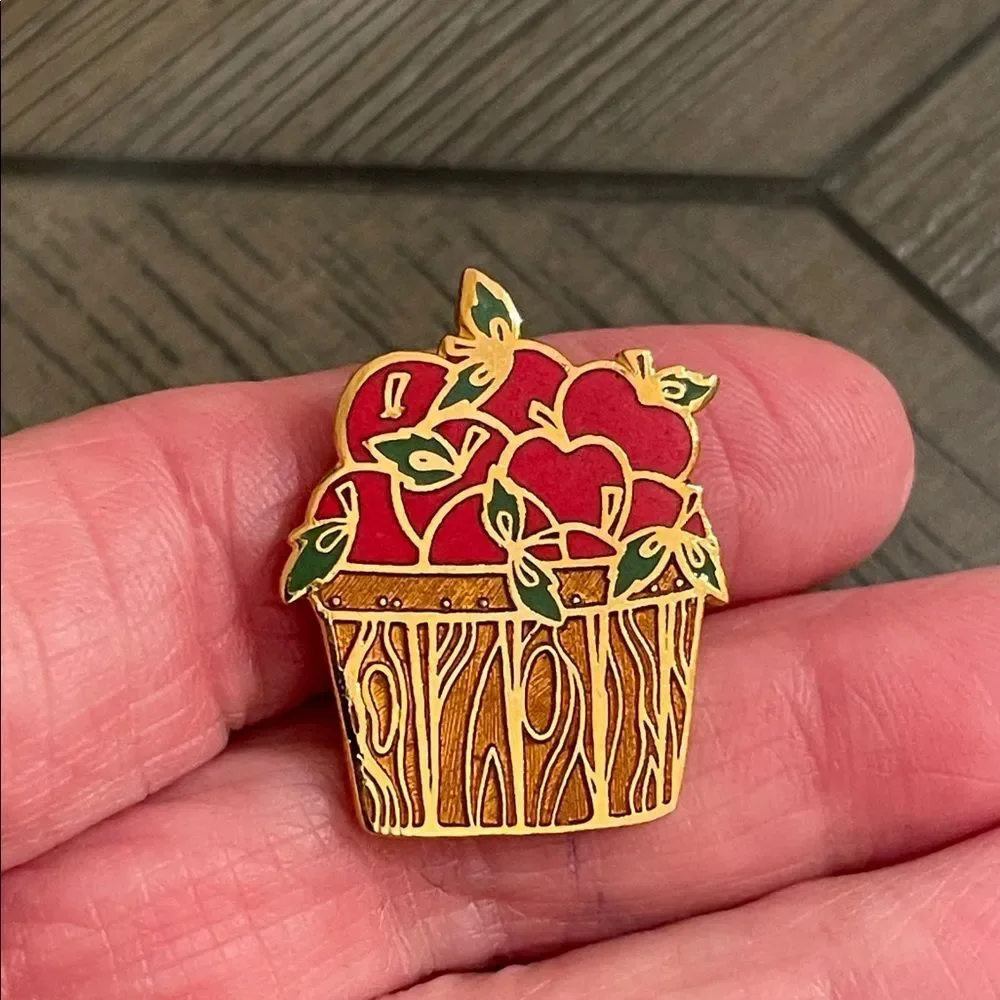 Vintage Hallmark Cards Inc. Enamel - Cloisonné Apple-in-a-basket Pin - Brooch